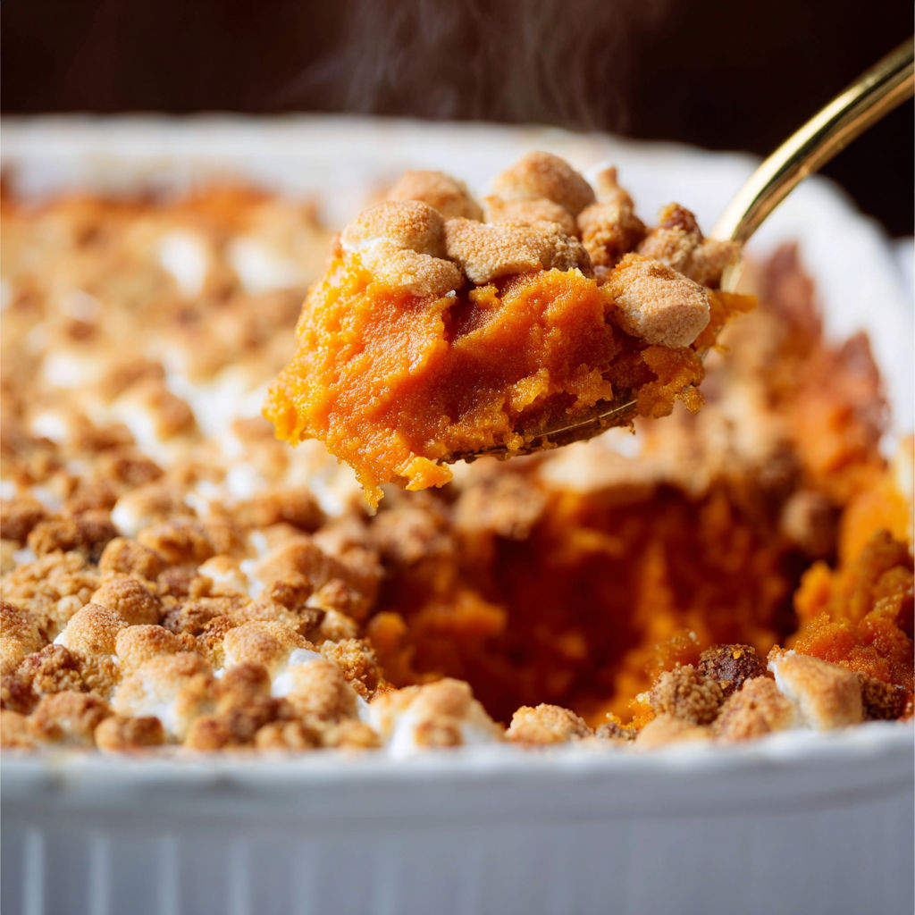 A spoon is in a casserole dish filled with sweet potatoes.