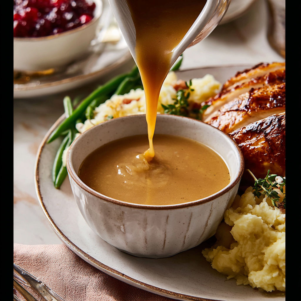 A bowl of mashed potatoes with gravy being poured over it.