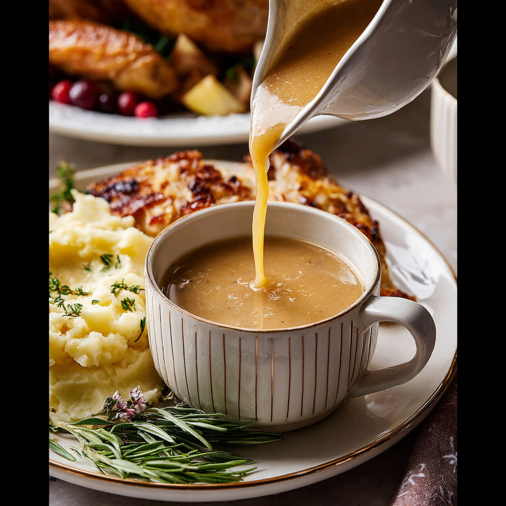 A cup of soup is being poured into a bowl.