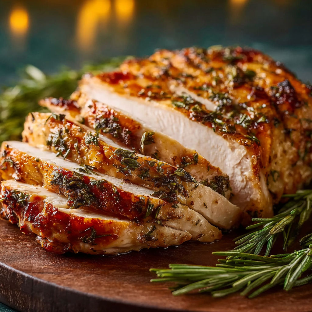 A roasted turkey breast with herbs and spices.