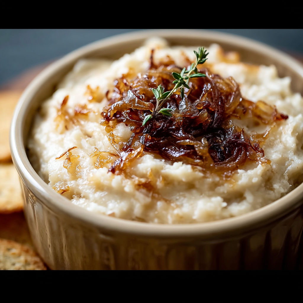 A bowl of caramelized onion dip.