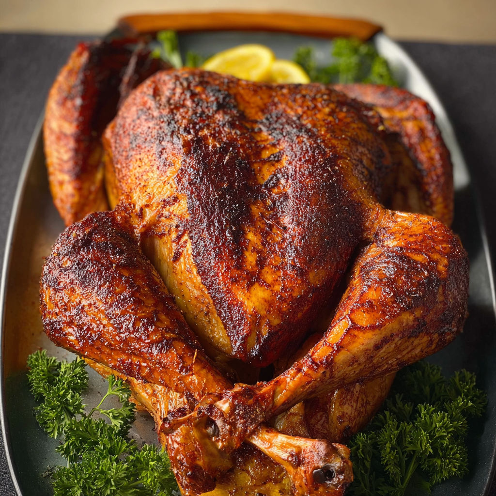 A cooked turkey on a plate with herbs.