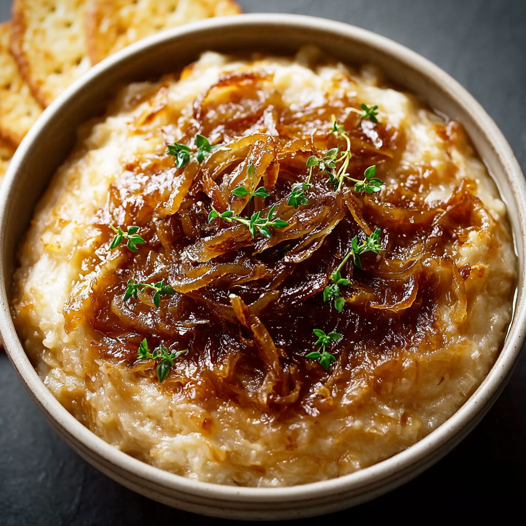 A bowl of food with onions and herbs.