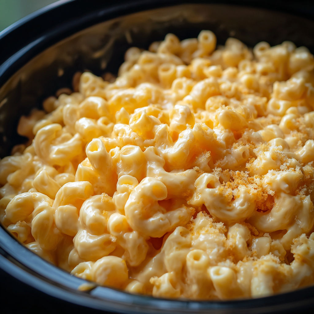 A close up of a crockpot filled with mac and cheese.