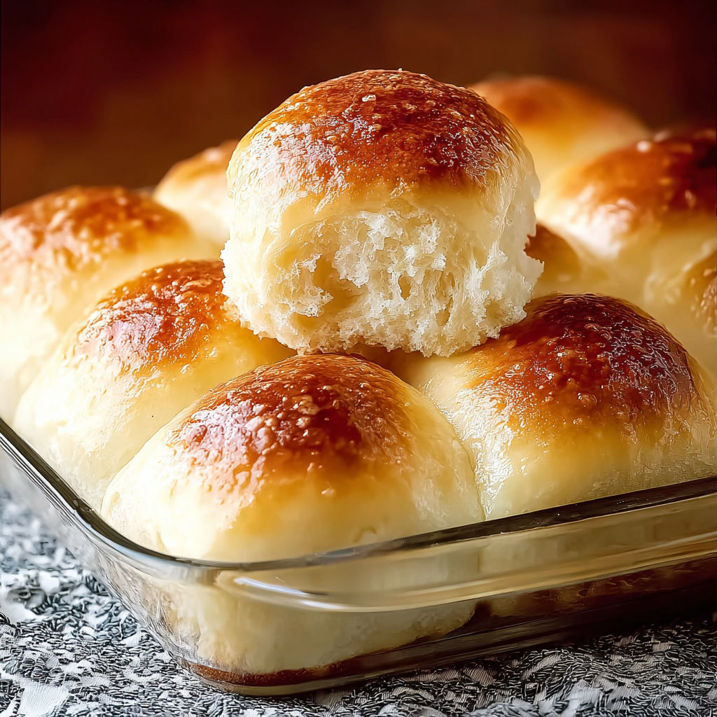 A glass dish filled with dinner rolls.