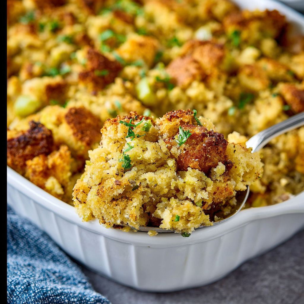 A white bowl filled with cornbread stuffing.