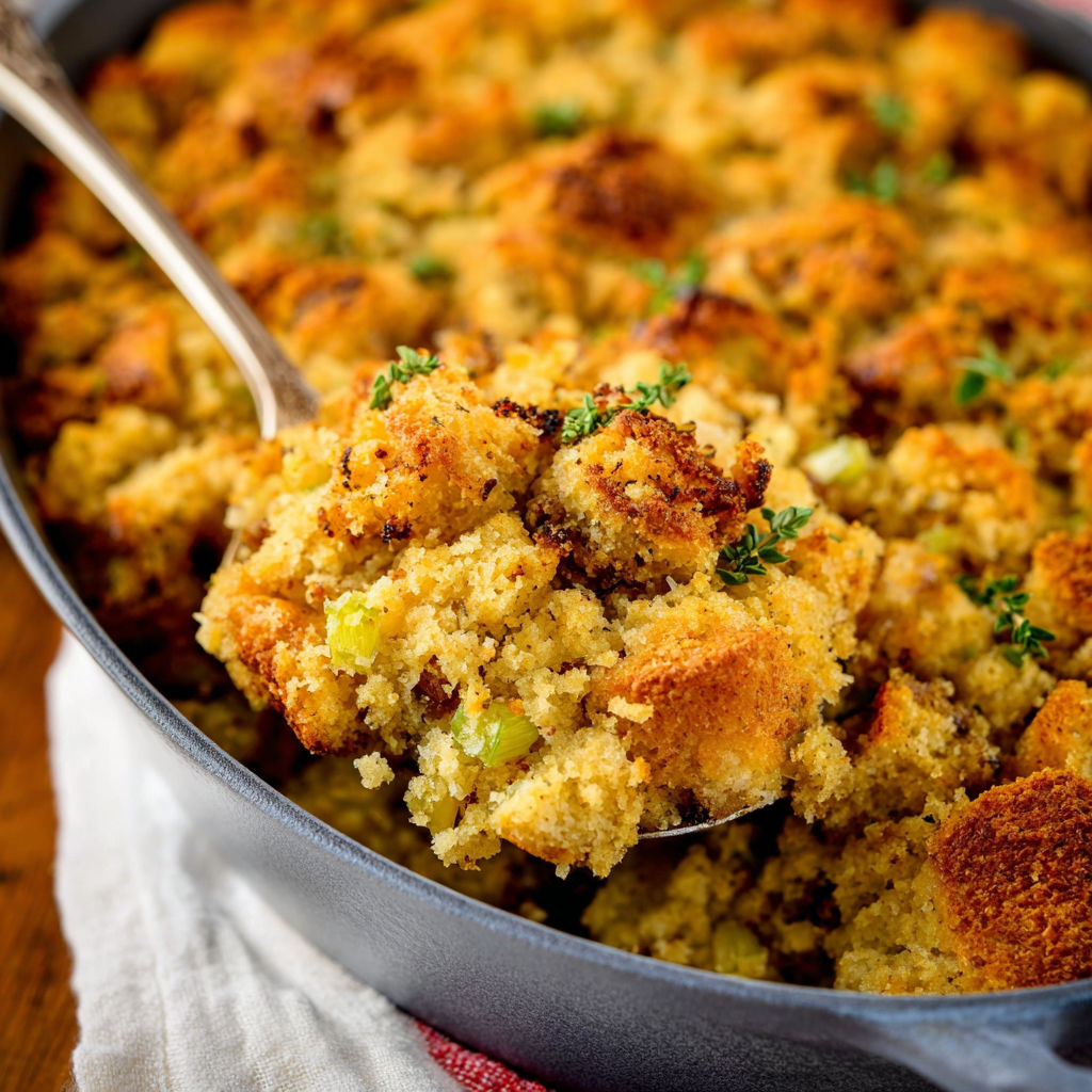 A pan of cornbread stuffing.
