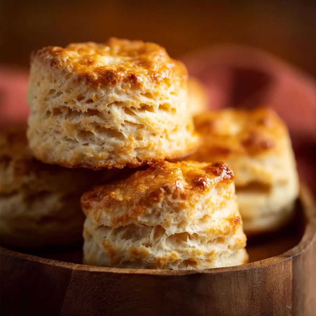 Three biscuits stacked on a wooden tray.