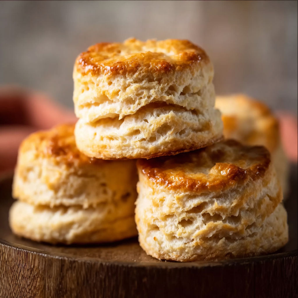 A stack of biscuits on a wooden table.