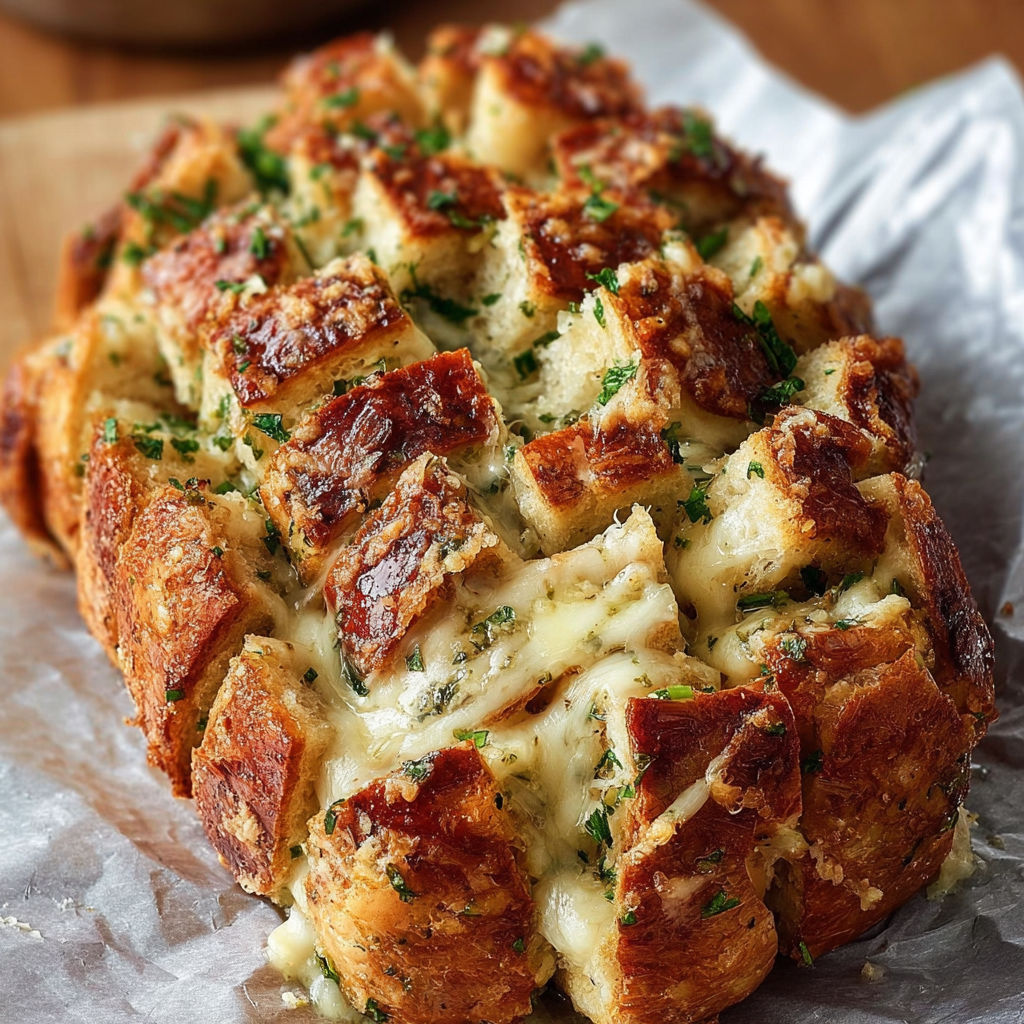 A loaf of bread with cheese and herbs on top.