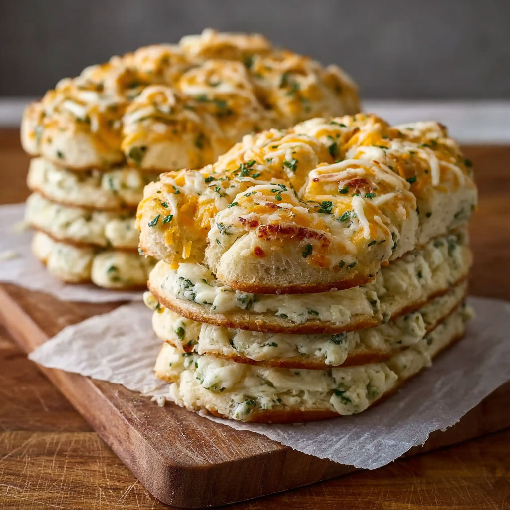 A stack of bread with cheese and herbs on top.