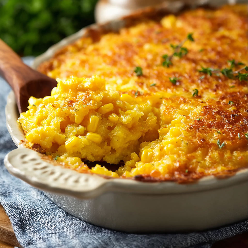 A close up of a delicious looking corn casserole.