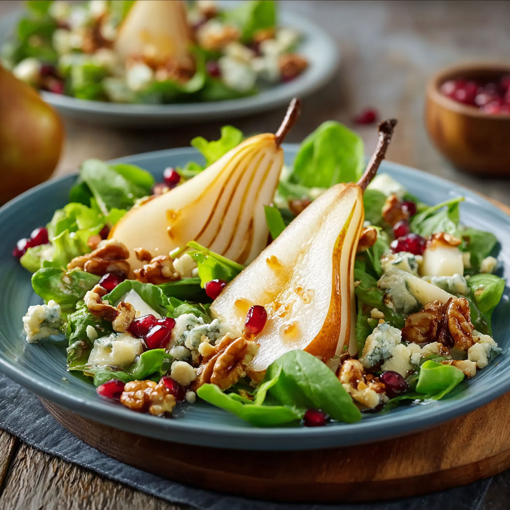 A plate of salad with pear, gorgonzola, and walnuts.