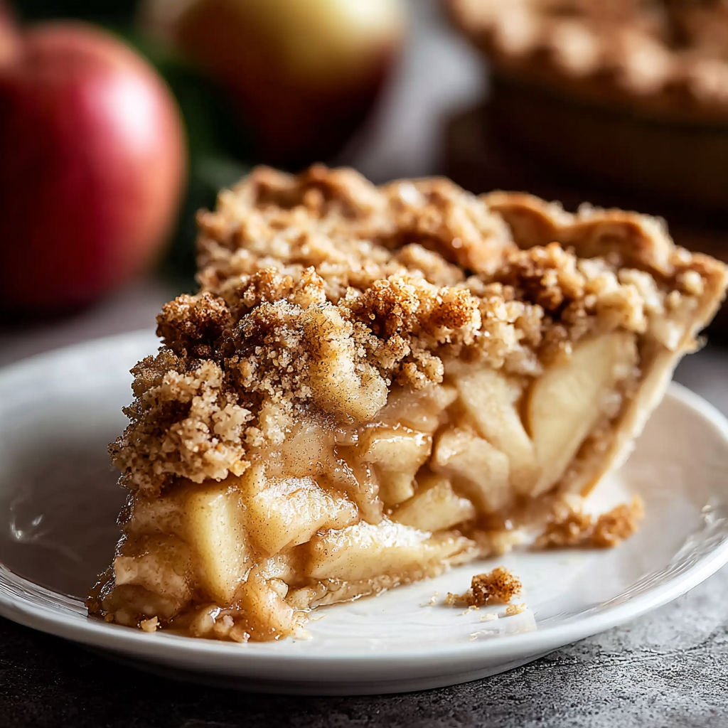 A slice of apple pie with a crumb topping.