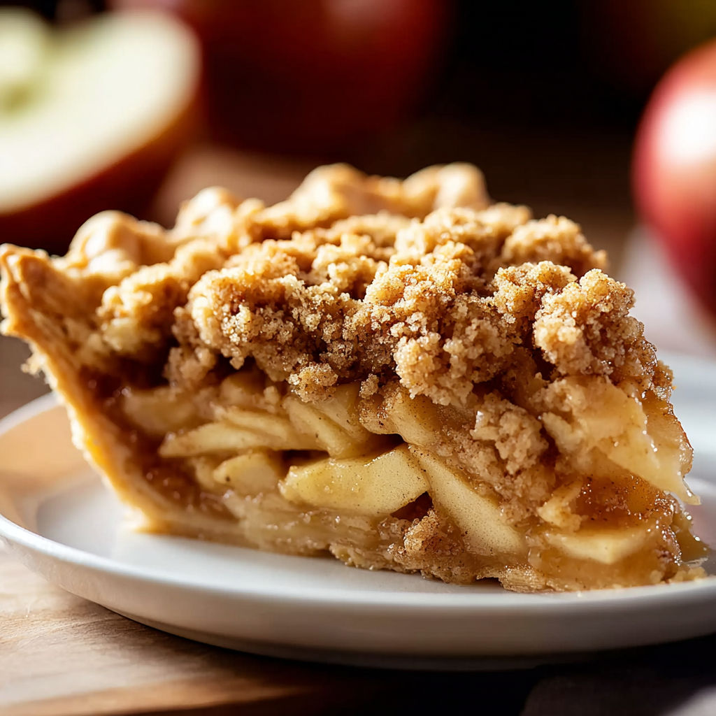 A delicious apple pie with a crumb topping.