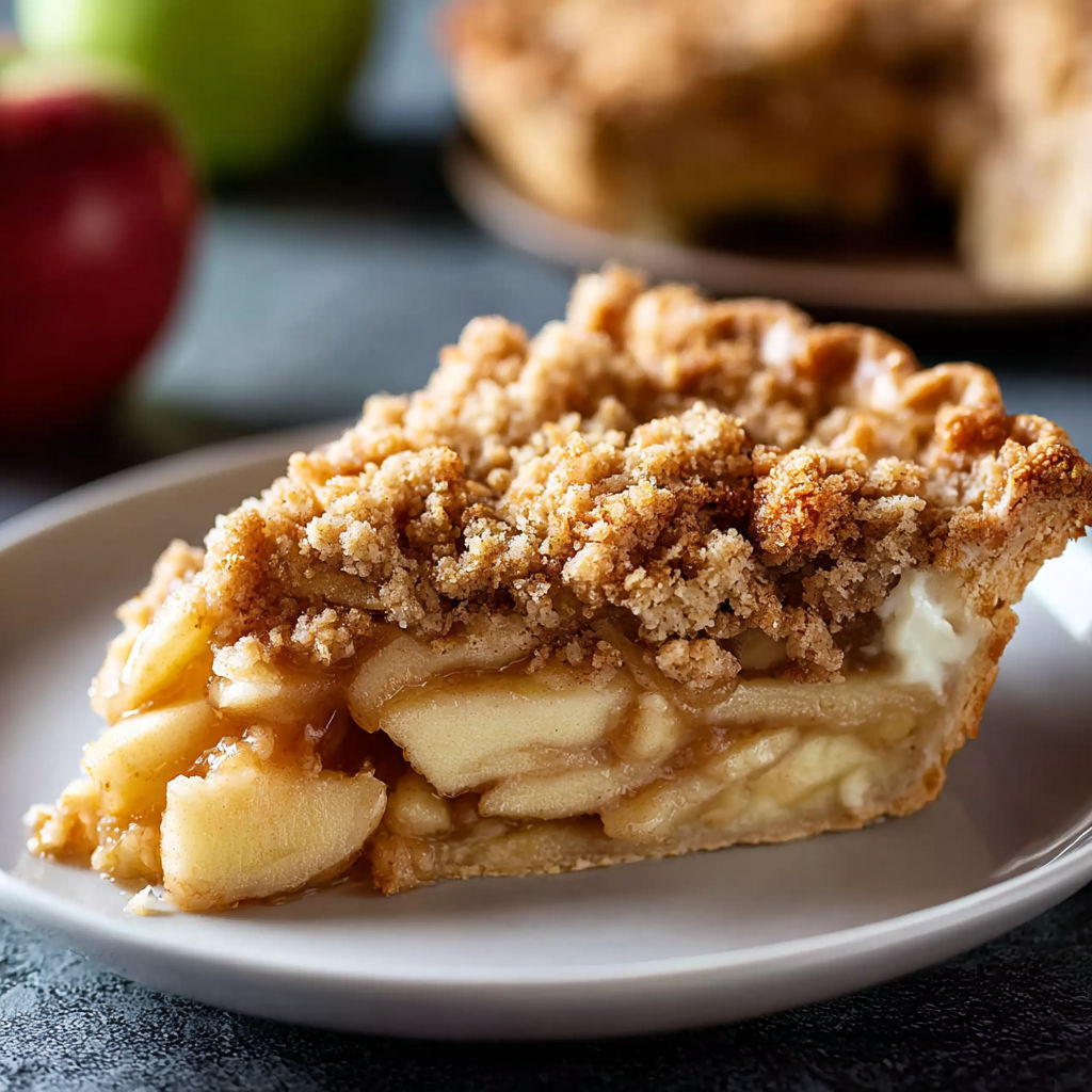 A delicious apple pie with a crumb topping.