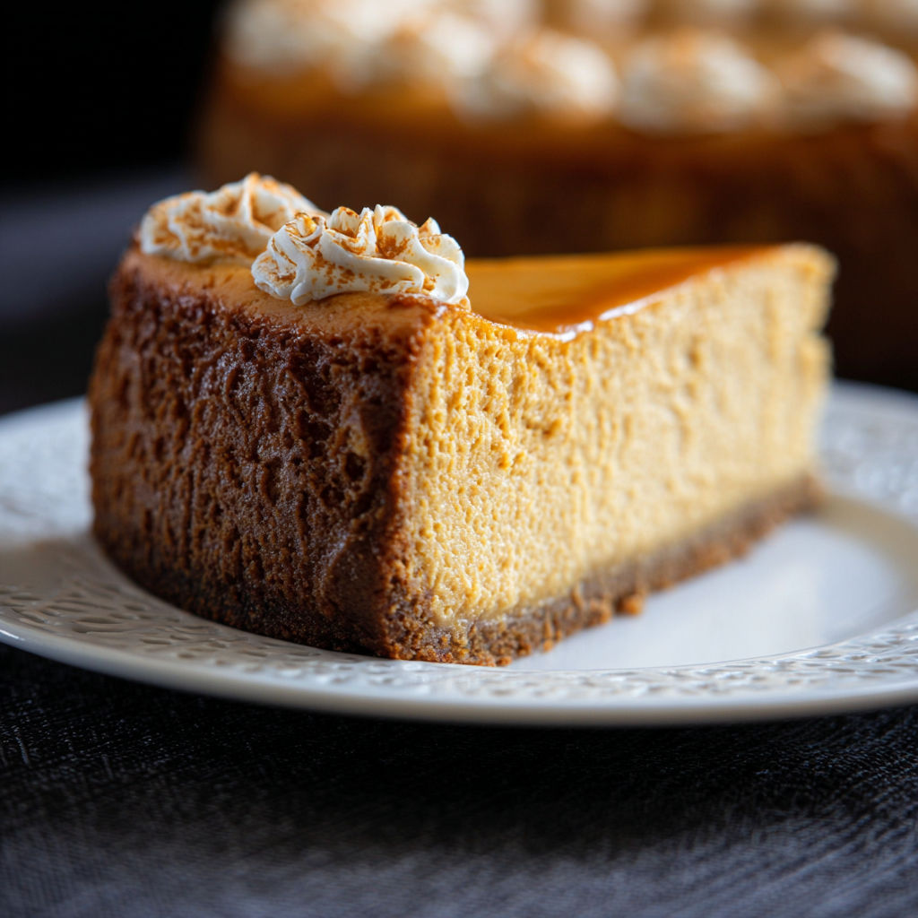 A slice of pumpkin cheesecake on a plate.
