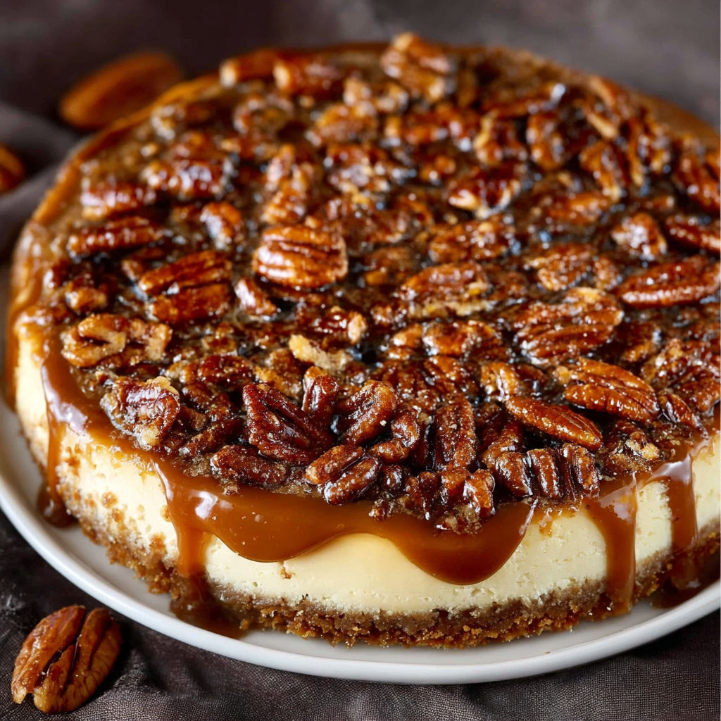 A slice of pecan pie cheesecake.