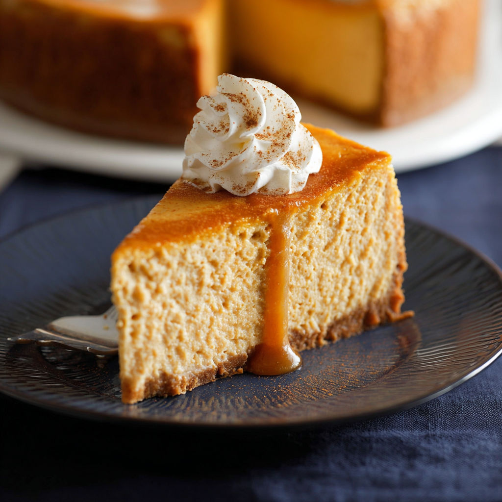 A slice of pumpkin cheesecake with whipped cream on top.