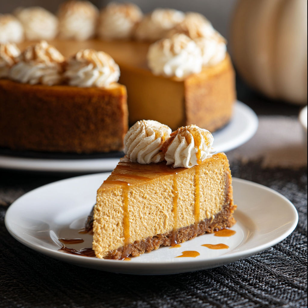 A slice of pumpkin cheesecake on a white plate.