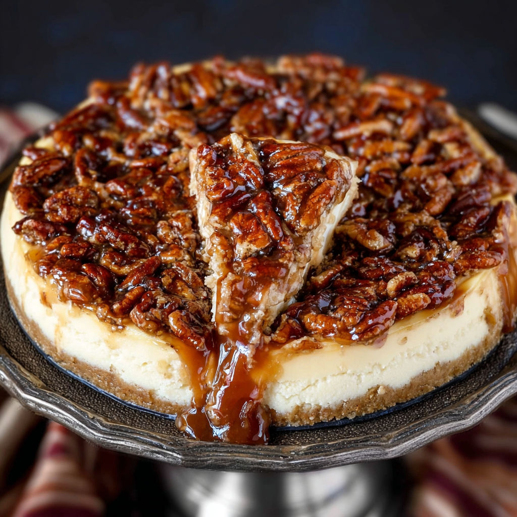 A slice of pecan pie with caramel sauce drizzled on top.