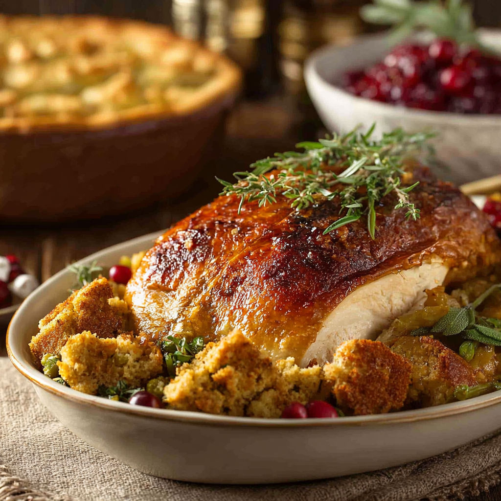 A plate of food with a turkey and a pie.