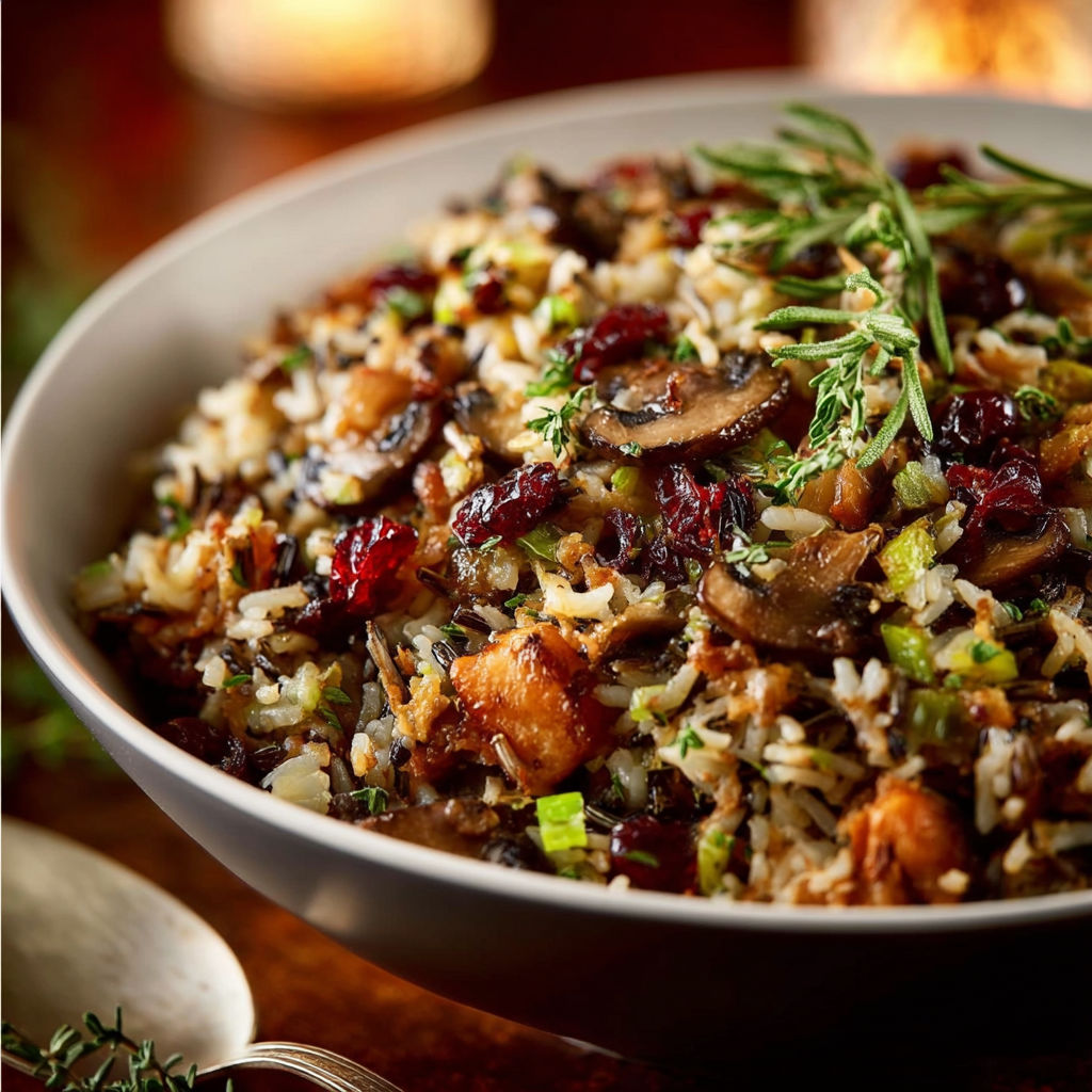 A bowl of rice with mushrooms and other vegetables.