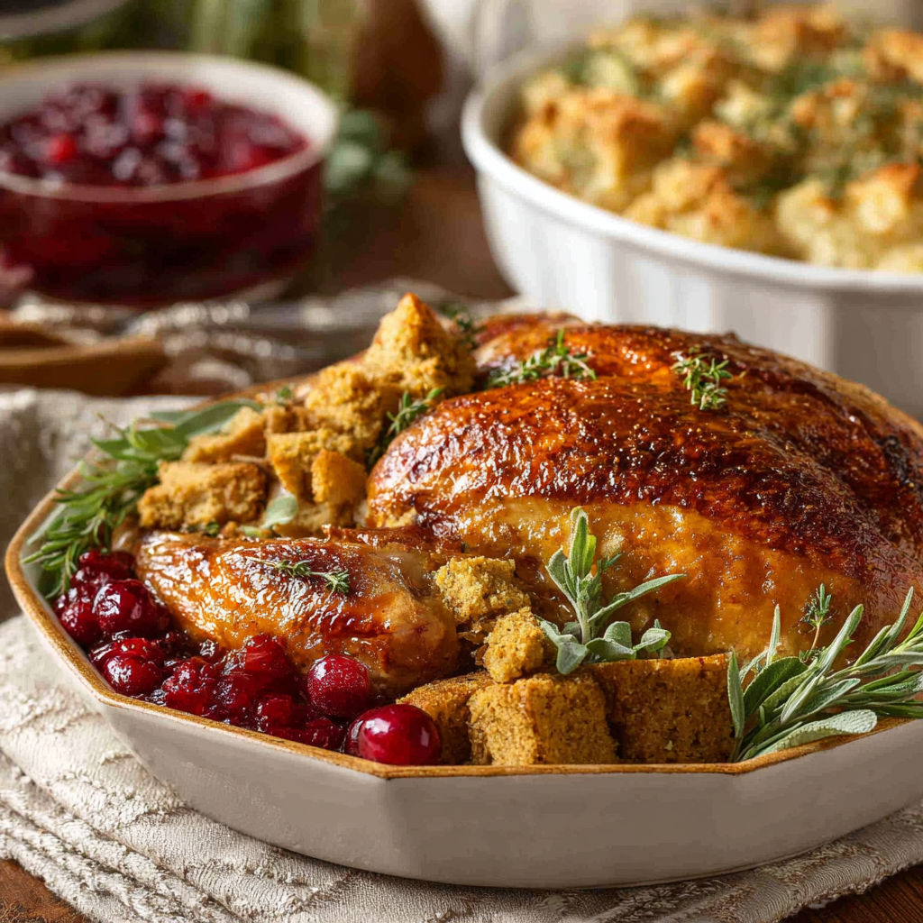 A plate of food with a turkey and stuffing.