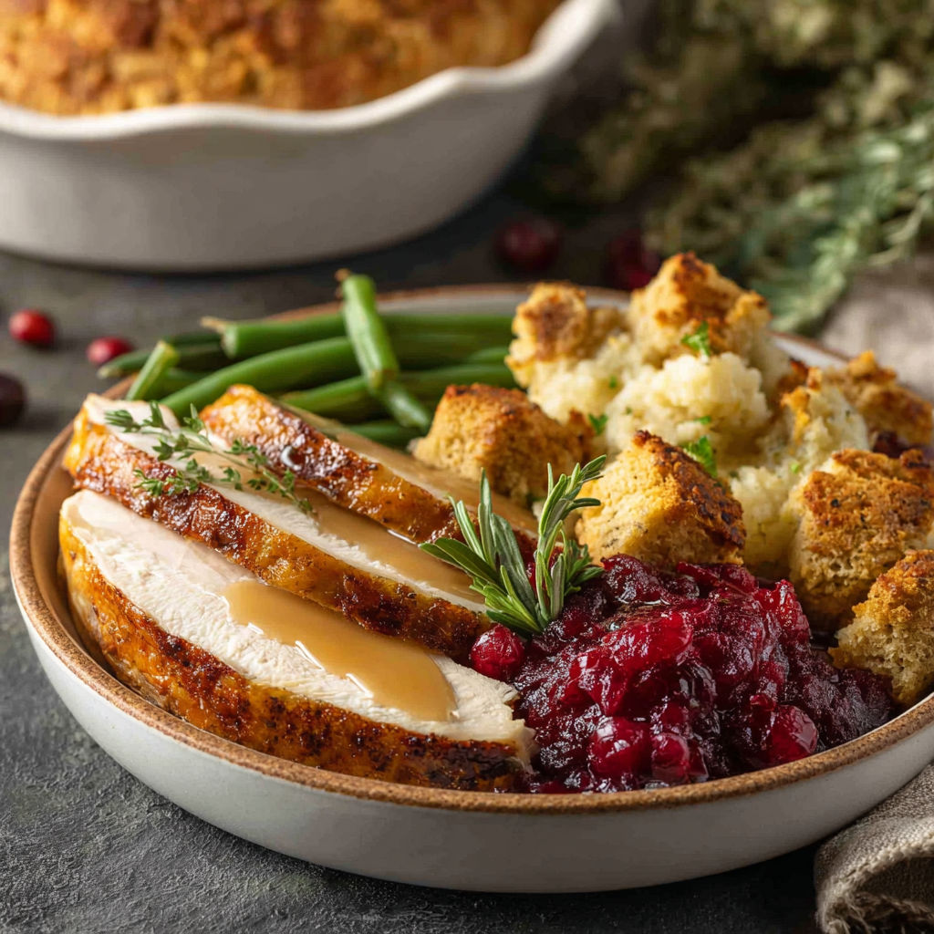 A plate of food with a turkey, green beans, and bread.