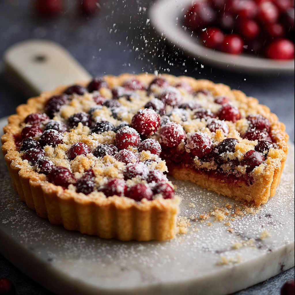 A slice of pie with berries and sugar on top.