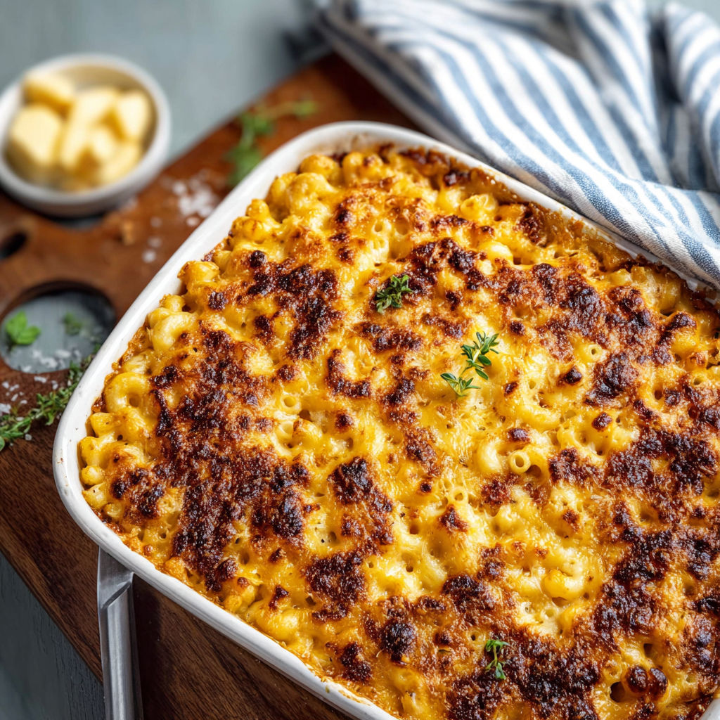 A dish of macaroni and cheese with a blue and white napkin on top.