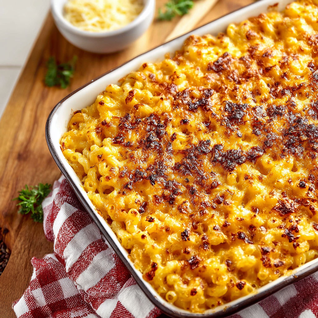 A casserole dish filled with macaroni and cheese.