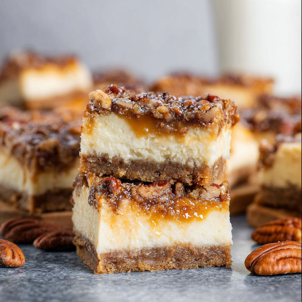 A slice of pecan pie cheesecake bars.