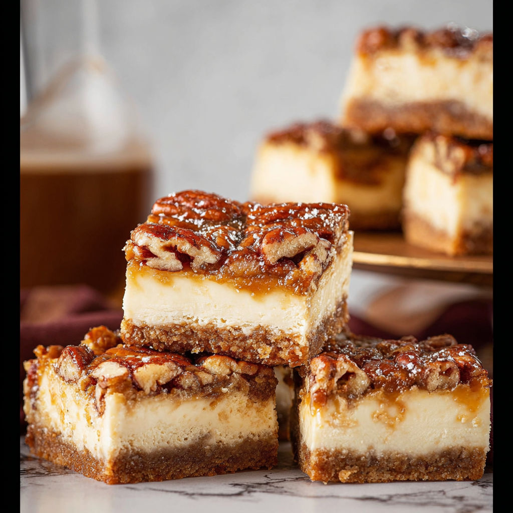 A close up of a pecan pie cheesecake bar.