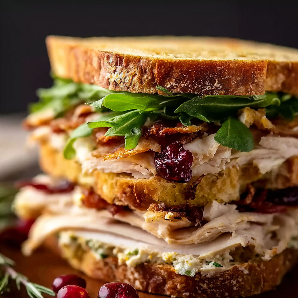 A sandwich with lettuce, bacon, and cranberry sauce.