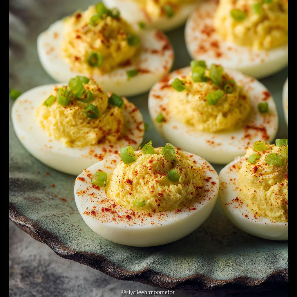 A plate of deviled eggs with a yellow sauce.