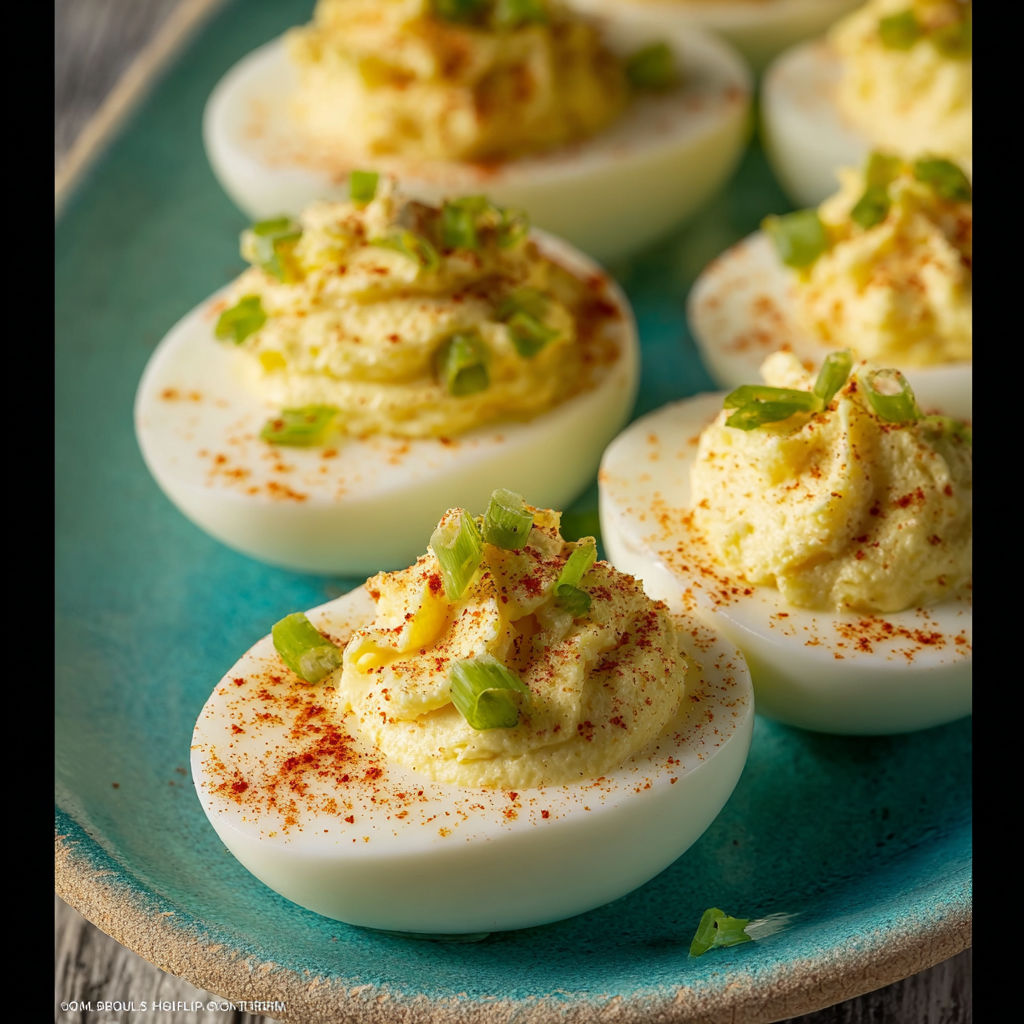 A plate of deviled eggs with a spoonful of sauce.