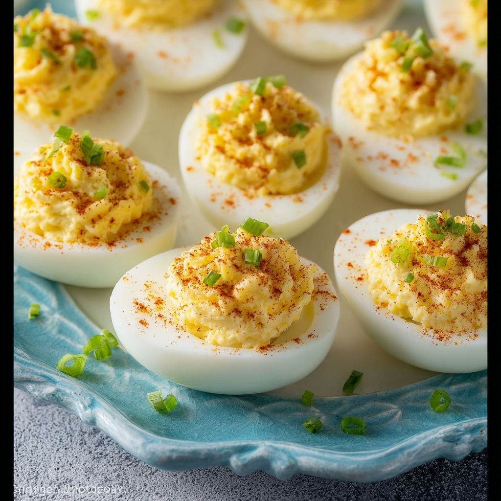 A plate of deviled eggs with a yellow sauce.
