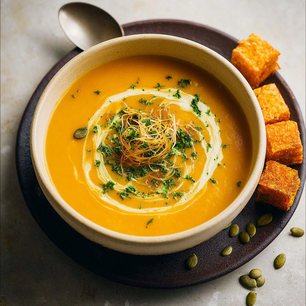 A bowl of soup with a spoon in it.