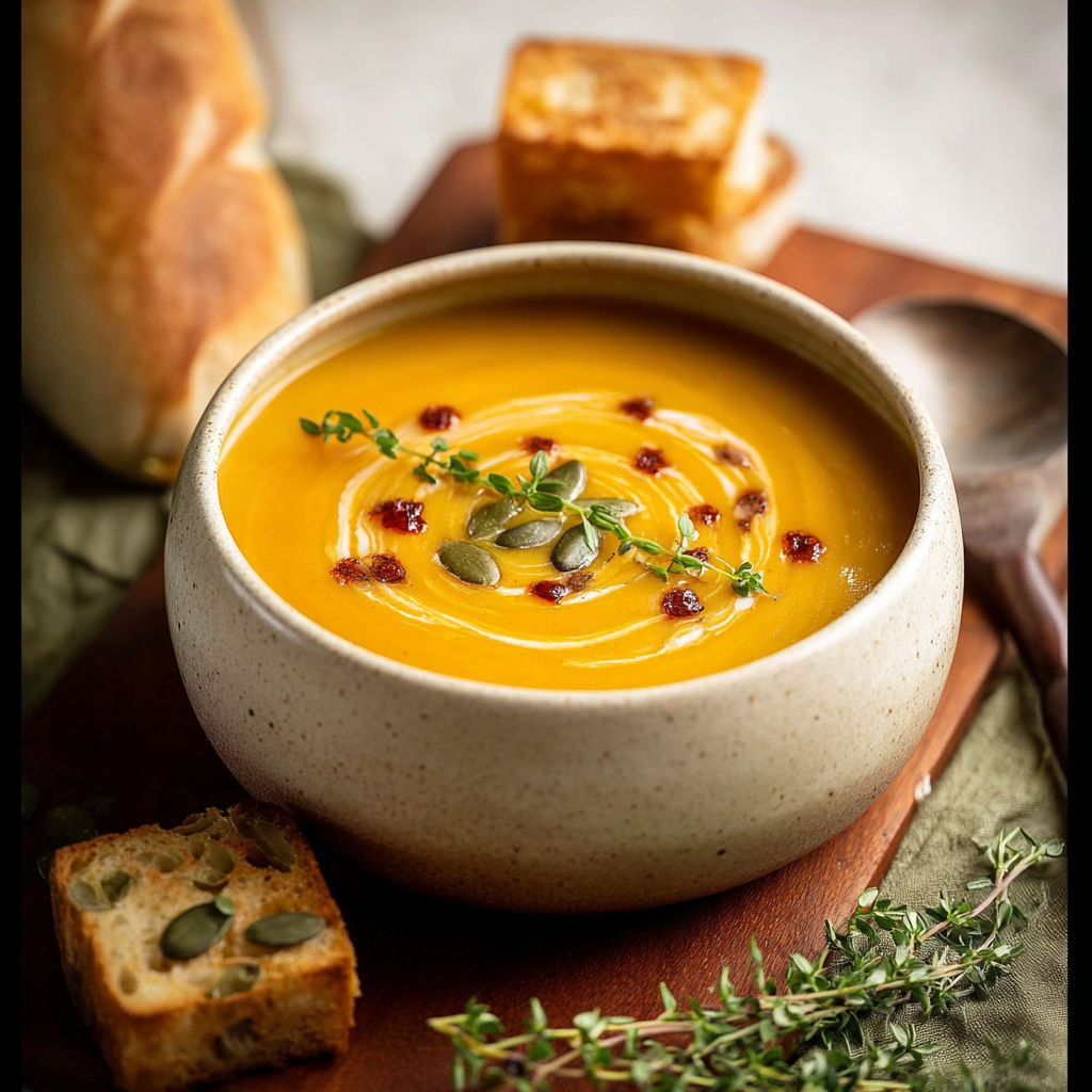 A bowl of soup with a spoon in it.