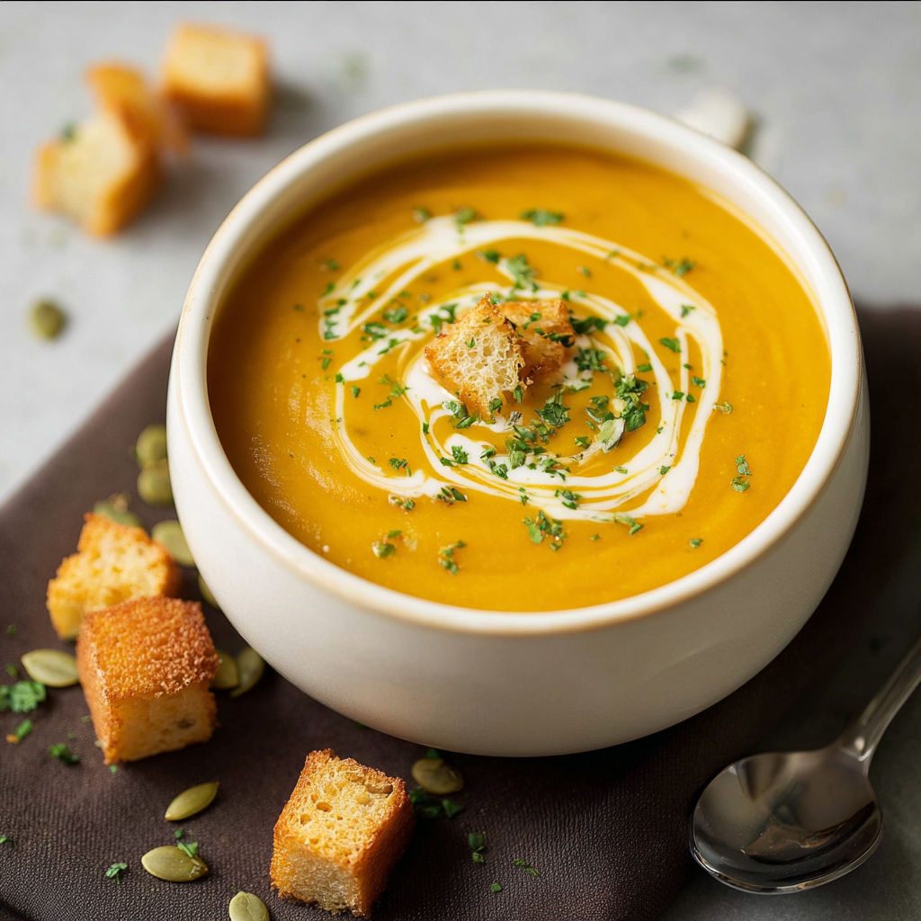 A bowl of soup with a spoon in it.