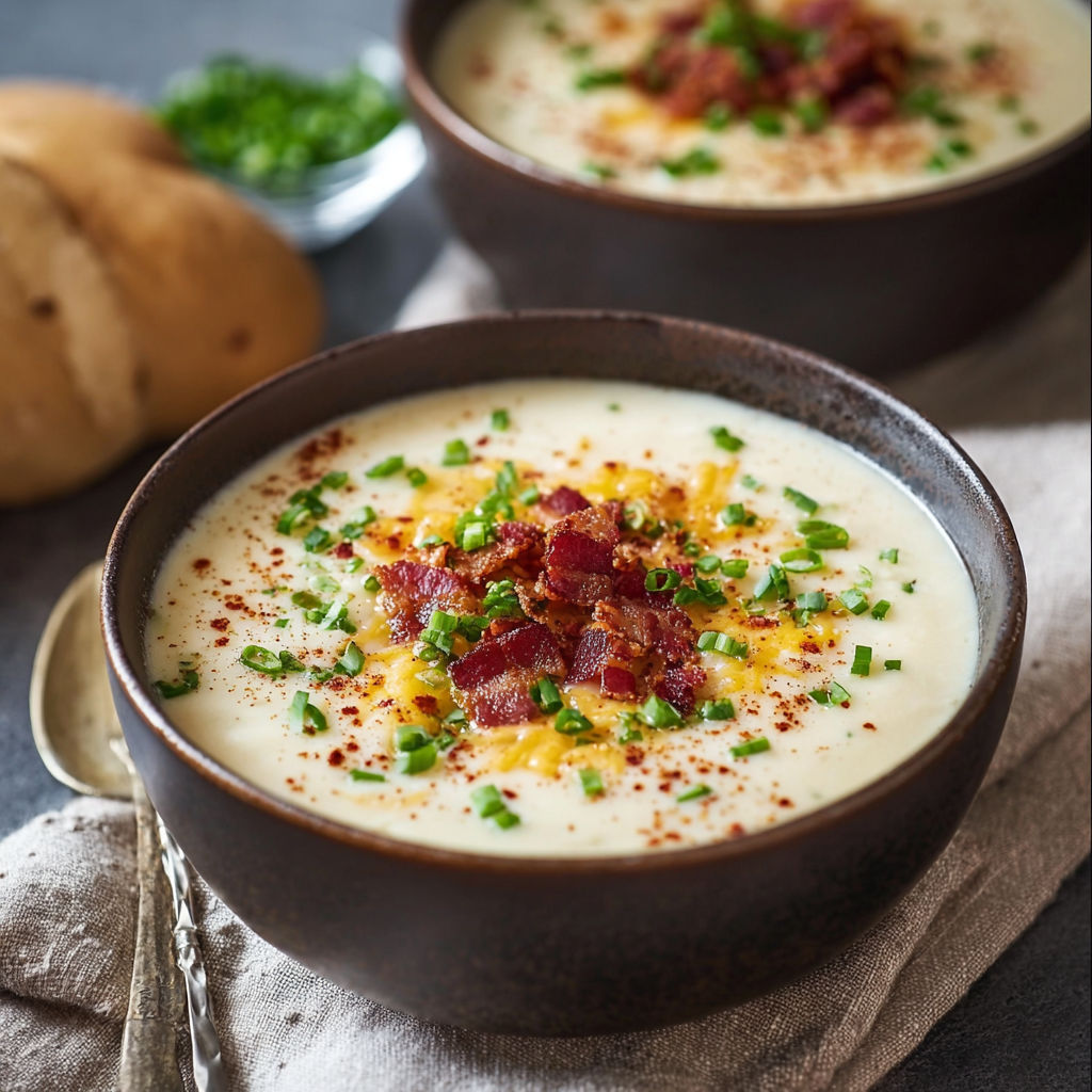A bowl of creamy potato soup with bacon.