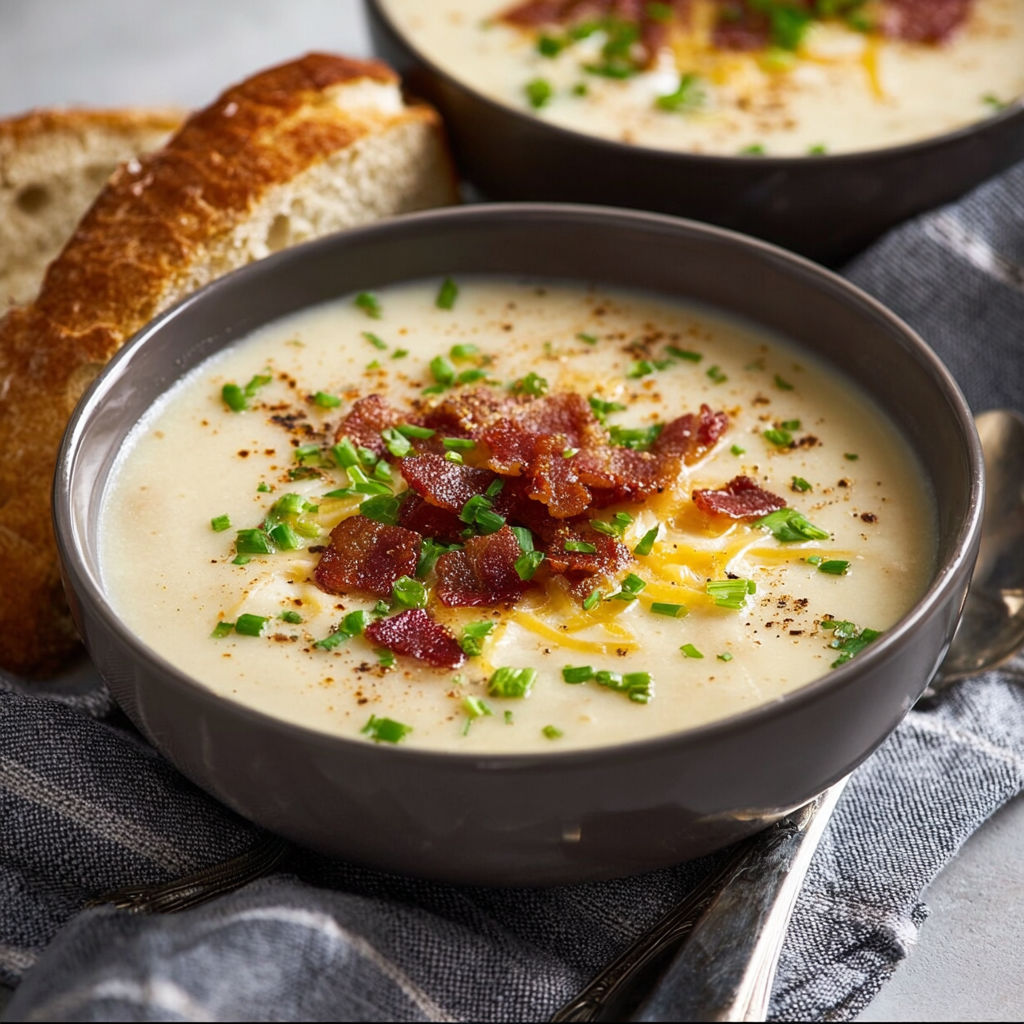 A bowl of creamy potato soup with bacon.