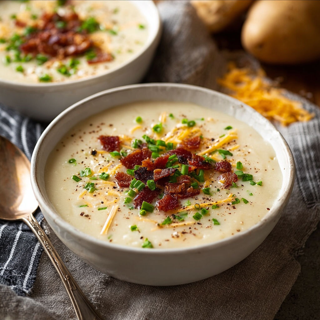A bowl of creamy potato soup with bacon.