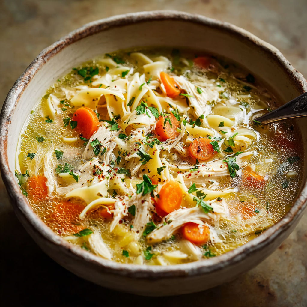 A bowl of soup with noodles and carrots.