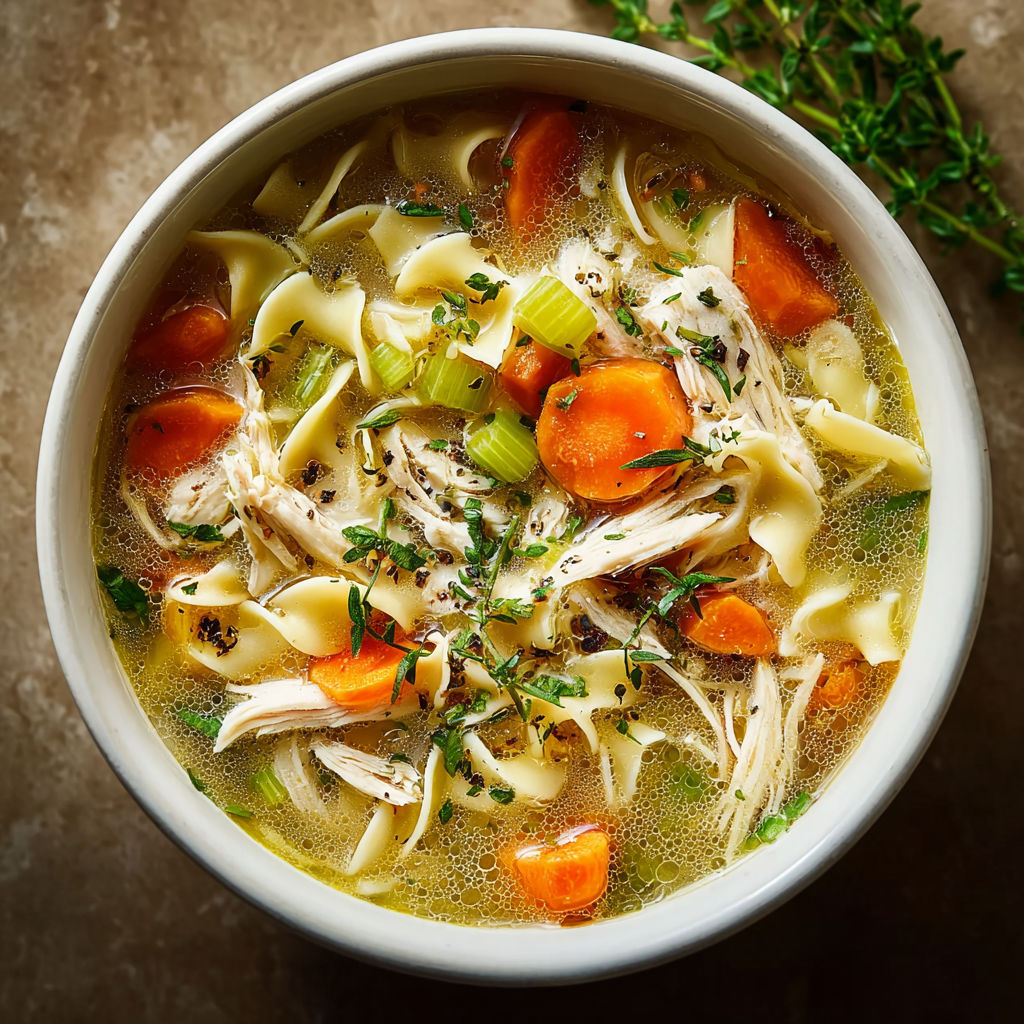 A bowl of soup with chicken and vegetables.