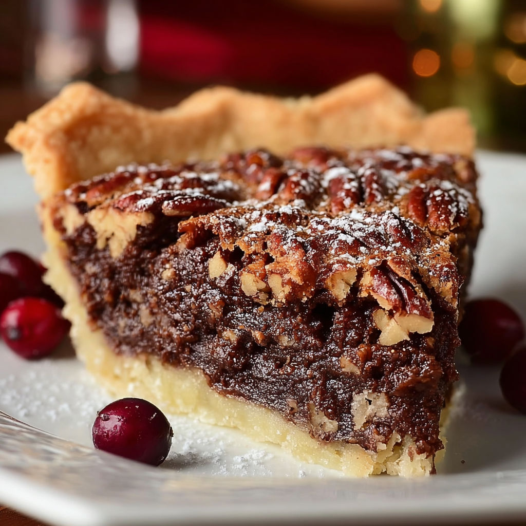A slice of Texas Chocolate Pecan Pie.