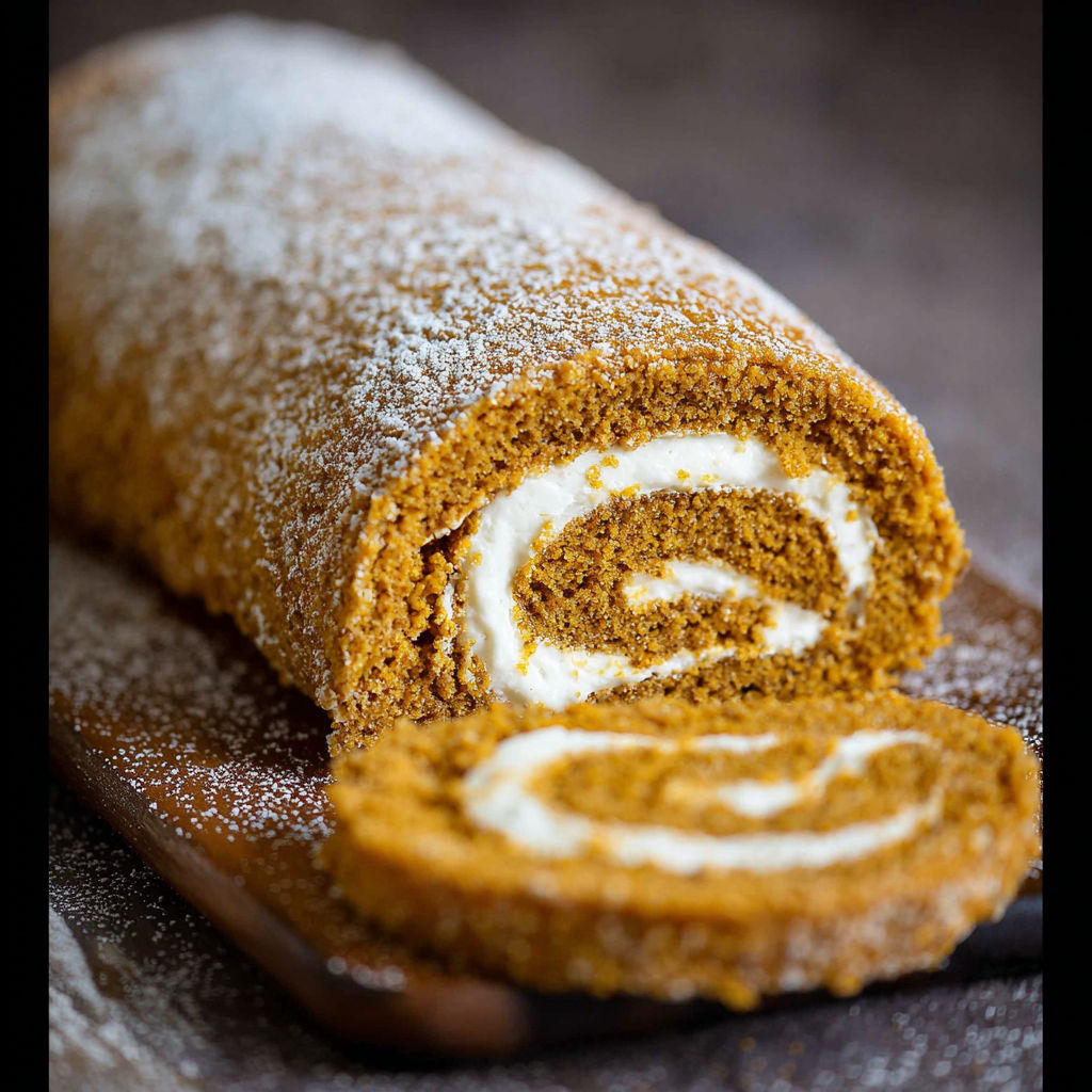A pumpkin roll with white frosting.