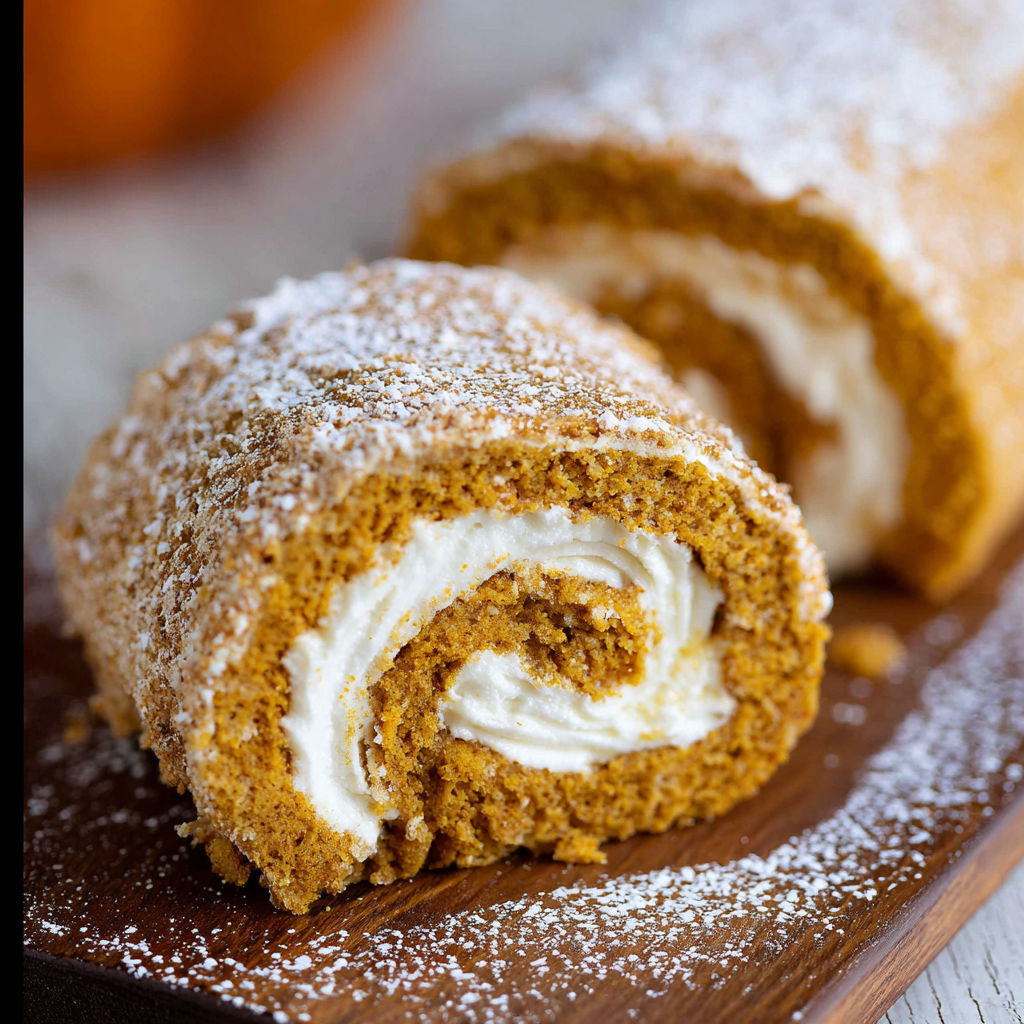 A pumpkin roll on a wooden board.