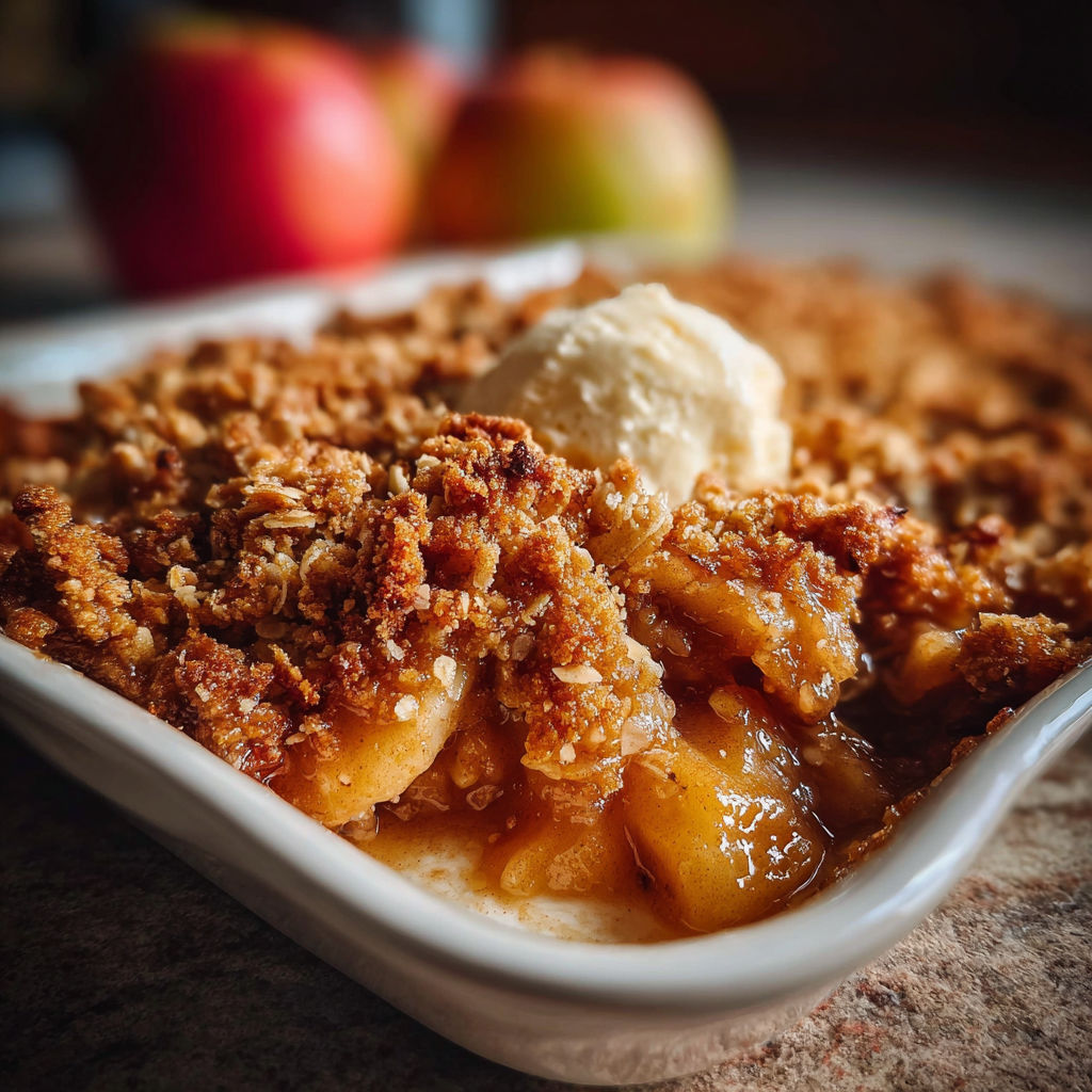A white bowl filled with apple crisp.